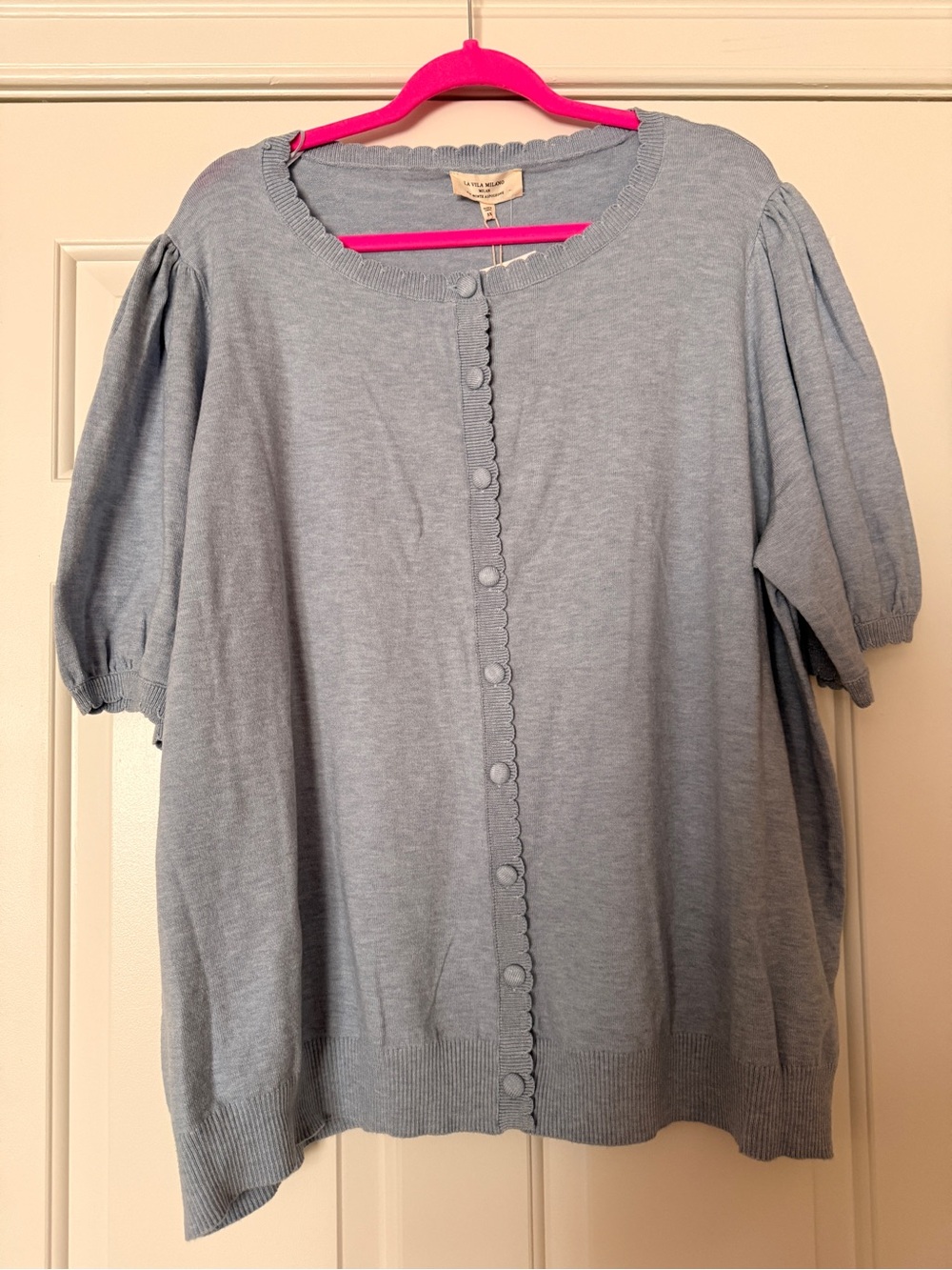 Light Blue Puff Sleeve Button-Front Cardigan